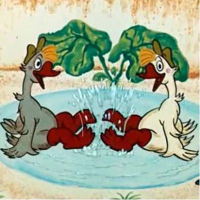 Кадр з мультфільму "Два веселих гусачка" (1956).